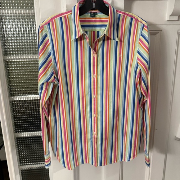 Lauren Ralph Lauren Womens Medium Multi Color Striped Button Down Shirt Sz M - Picture 9 of 10